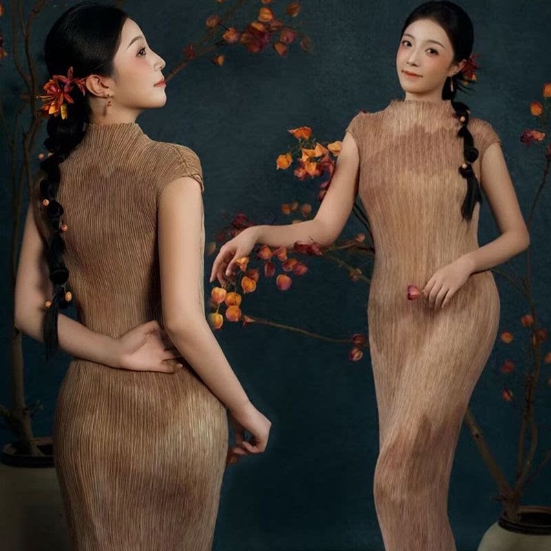 影楼新款中式复古风连衣裙立领修身文艺国风艺术照写真摄影服装