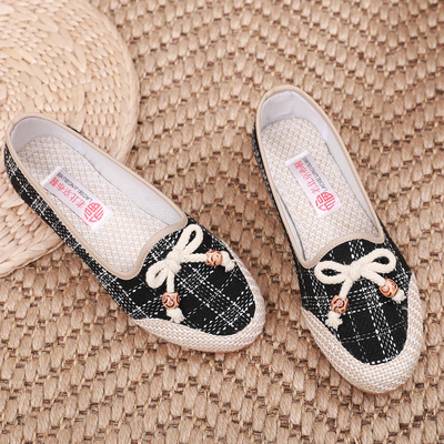 平底格子休闲布垫软底鞋