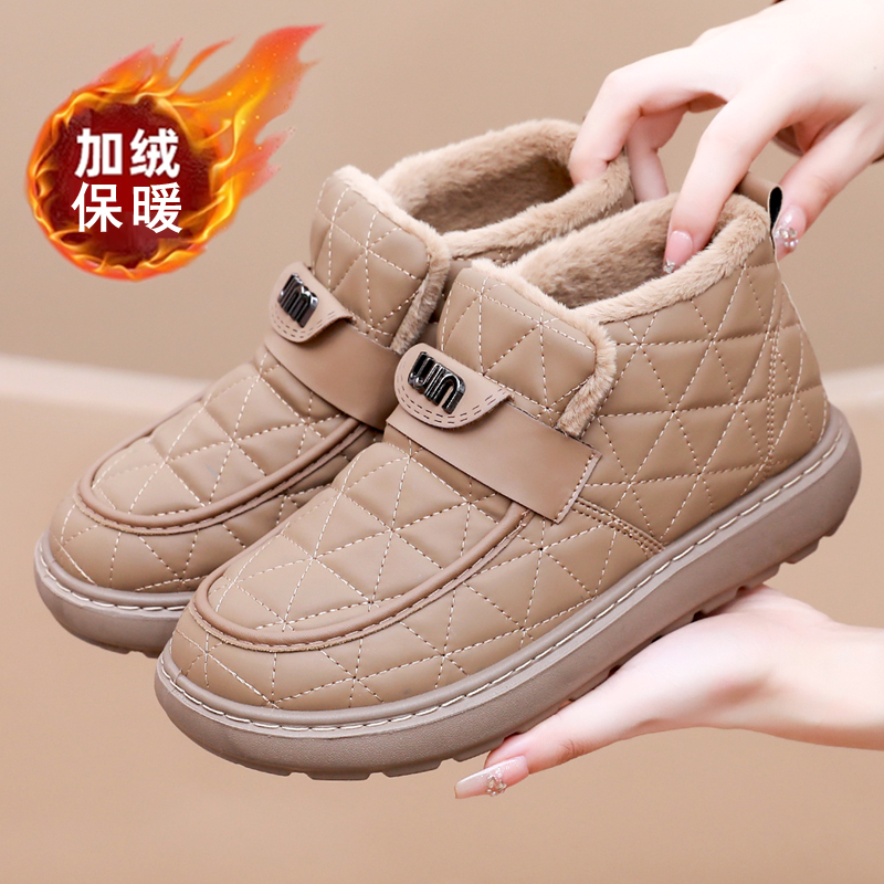 冬季加绒棉鞋女老北京布鞋女一脚蹬保暖雪地靴皮面加厚防滑妈妈鞋
