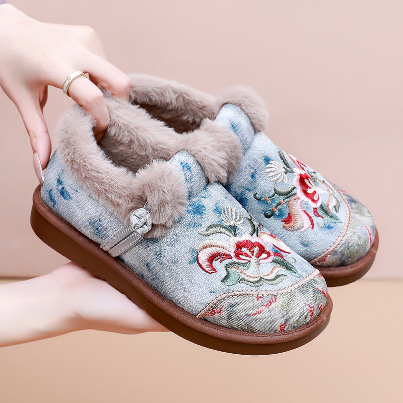冬季绣花棉鞋女民族风刺绣保暖老北京布鞋女一脚蹬加绒保暖妈妈鞋,女鞋,棉鞋,淘宝优惠券,粉丝福利购,淘宝优惠卷