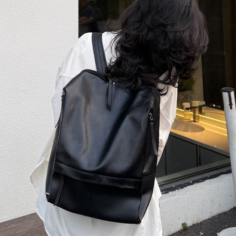 [16寸电脑]软皮简约女生双肩背包通勤大容量韩版百搭旅行复古包包