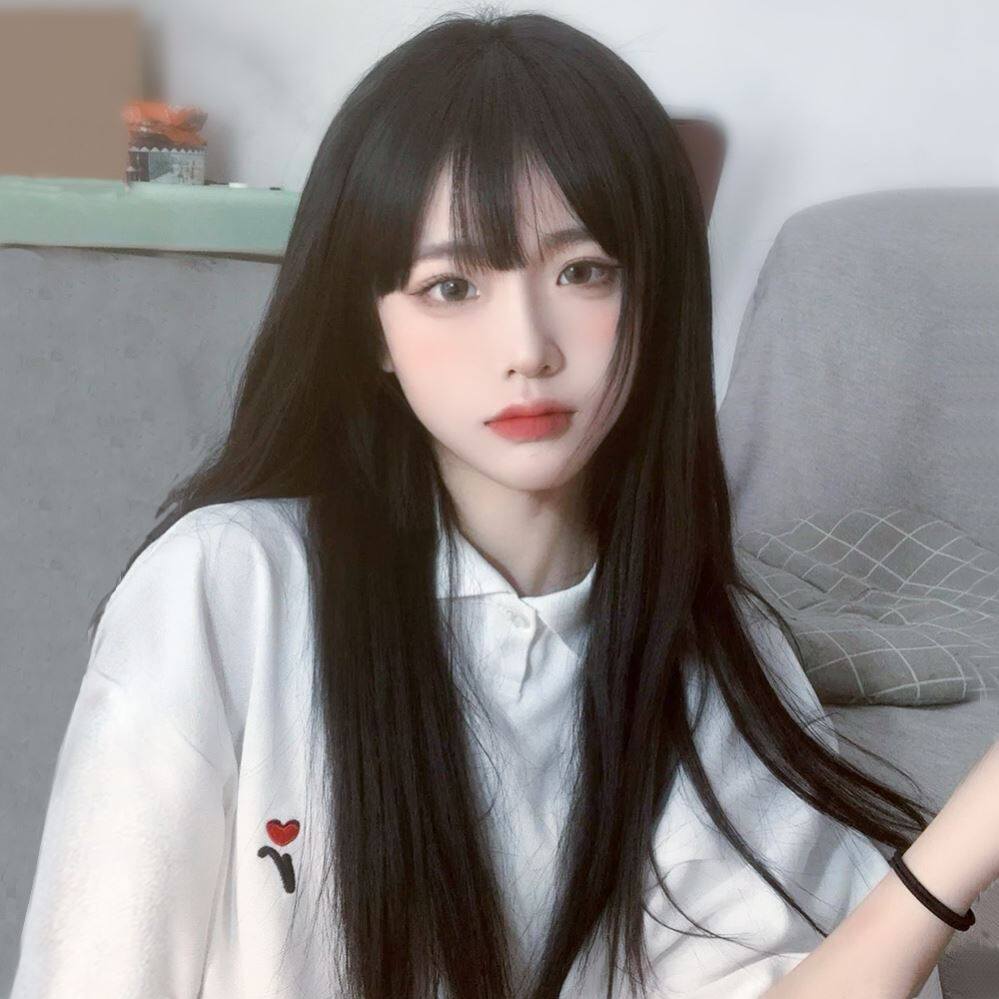 假发女长发中长发圆脸空气刘海自然仿真发黑长直发全头套式