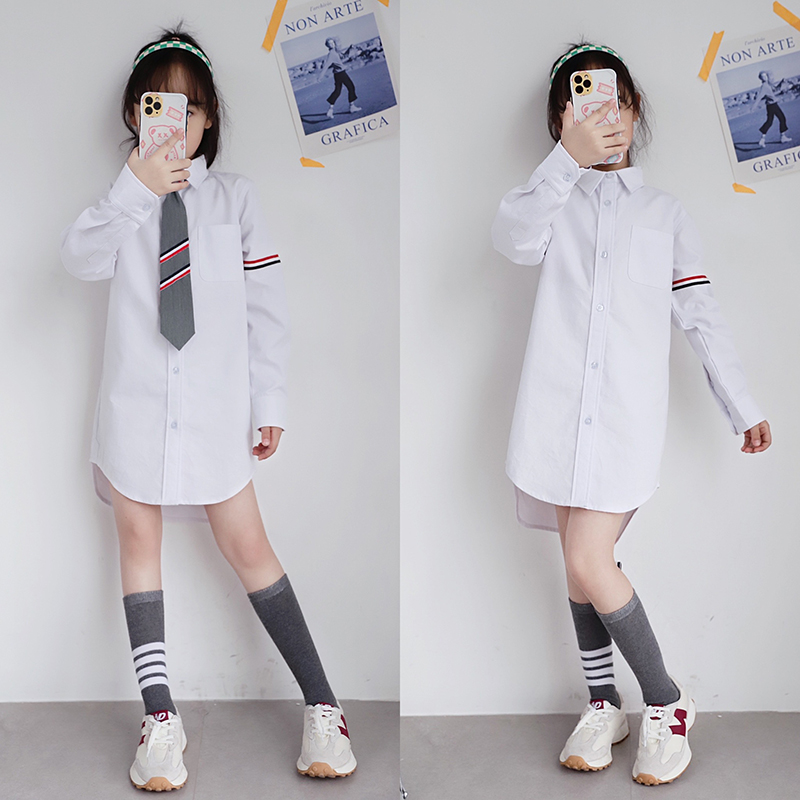 女童长袖衬衫春秋装儿童白色衬衣中长款条纹中大童女孩上衣潮外套