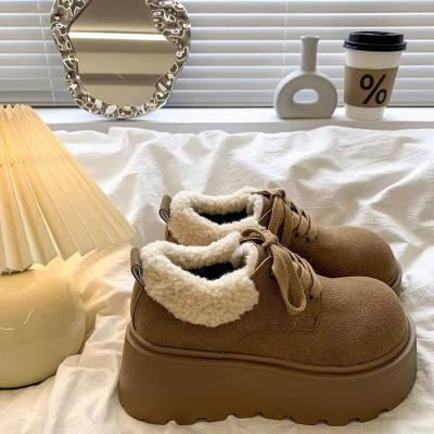 高跟厚底网红博肯鞋女松糕系带加绒棉鞋2025秋冬季新款增高小个子