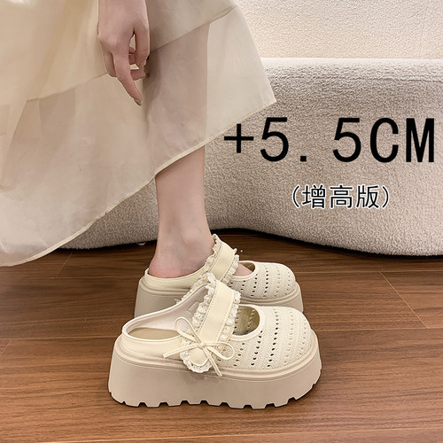 超火配裙子包头半拖鞋女夏外穿2026新款蝴蝶结绝美厚底小个子凉鞋