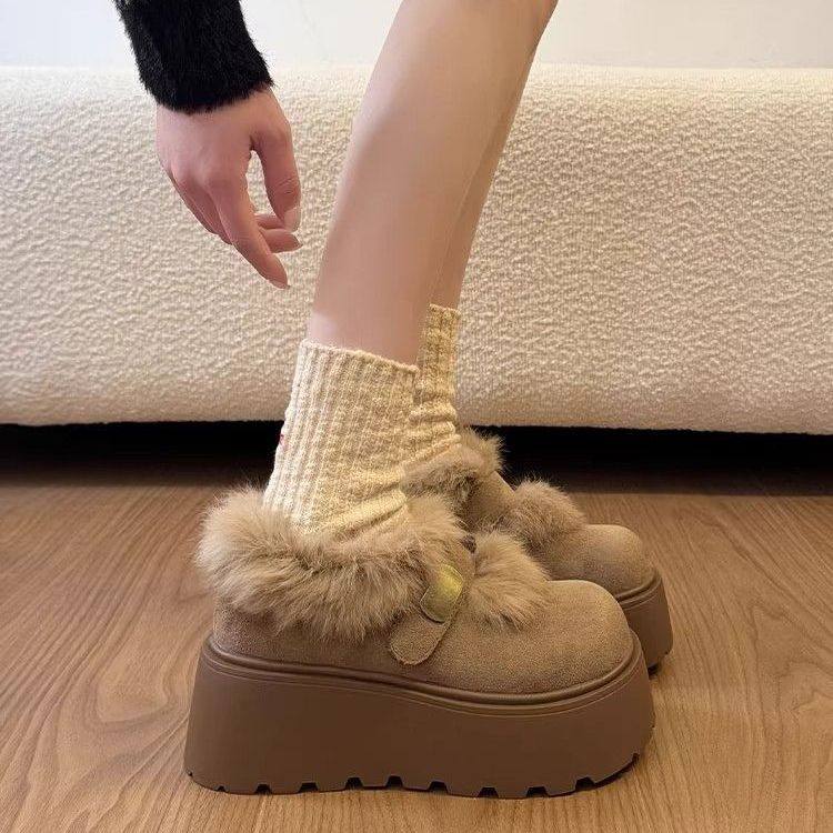网红爆款复古时尚百搭增高厚底毛毛棉鞋女2025冬季新款松糕勃肯鞋,女鞋,勃肯鞋/软木鞋,淘宝优惠券,粉丝福利购,淘宝优惠卷