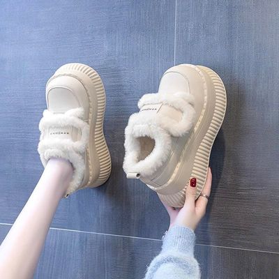 秋冬季新款小个子厚底增高白色毛毛魔术贴雪地靴女加绒保暖棉短靴