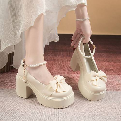高跟玛丽珍小皮鞋女2025春秋仙女风蝴蝶结厚底粗跟珍珠配裙子单鞋
