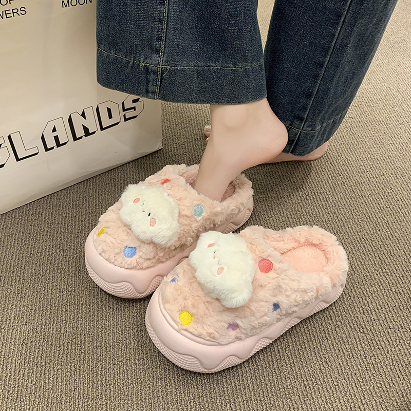 时尚百搭甜美风可爱波点卡通毛毛拖鞋女2025秋冬新款包头棉拖鞋子