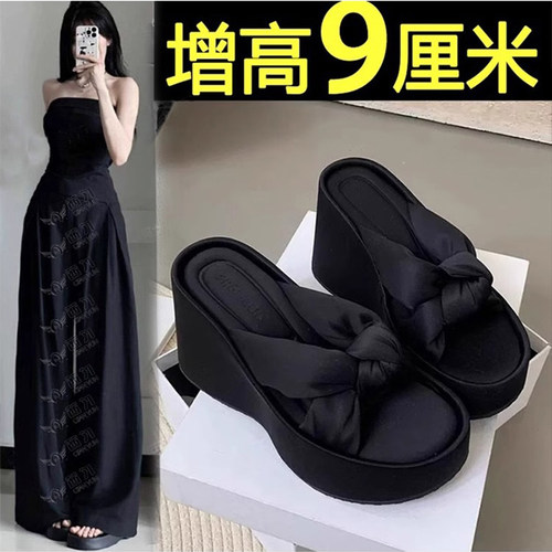 厚底凉拖鞋女夏外穿2026新款增高松糕跟一字拖鞋蝴蝶结设计感小众