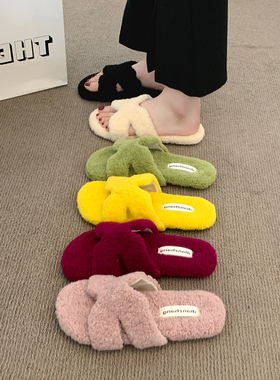 温柔日常外穿毛毛拖鞋女2026秋冬季新款平底居家保暖棉拖鞋一字拖