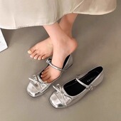 小皮鞋 银色浅口芭蕾风平底单鞋 配裙子法式 玛丽珍鞋 女2025春季 新款