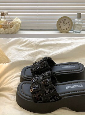 厚底松糕增高仙女风沙滩凉拖鞋女夏季外穿时尚2026新款坡跟一字拖