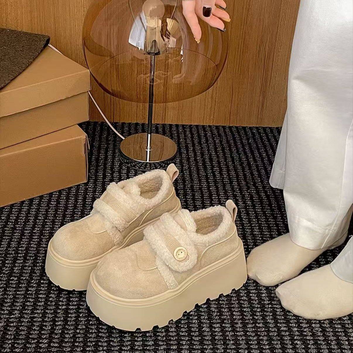 白色复古增高厚底加绒雪地棉鞋女2025新款冬季加厚保暖毛毛勃肯鞋,女鞋,勃肯鞋/软木鞋,淘宝优惠券,粉丝福利购,淘宝优惠卷