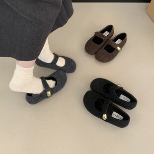 内增高灰色毛呢勃肯鞋毛毛鞋加绒玛丽珍棉鞋女2026新款秋冬豆豆鞋