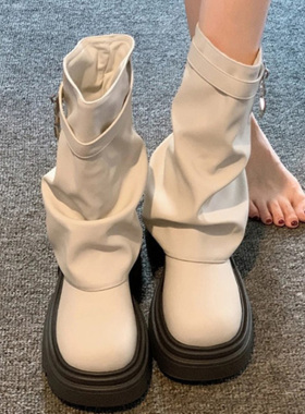 爆款厚底增高短筒靴女2026年春秋新款百搭堆堆裤管靴白色中筒靴子