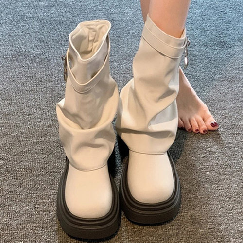 爆款厚底增高短筒靴女2025年春秋新款百搭堆堆裤管靴白色中筒靴子
