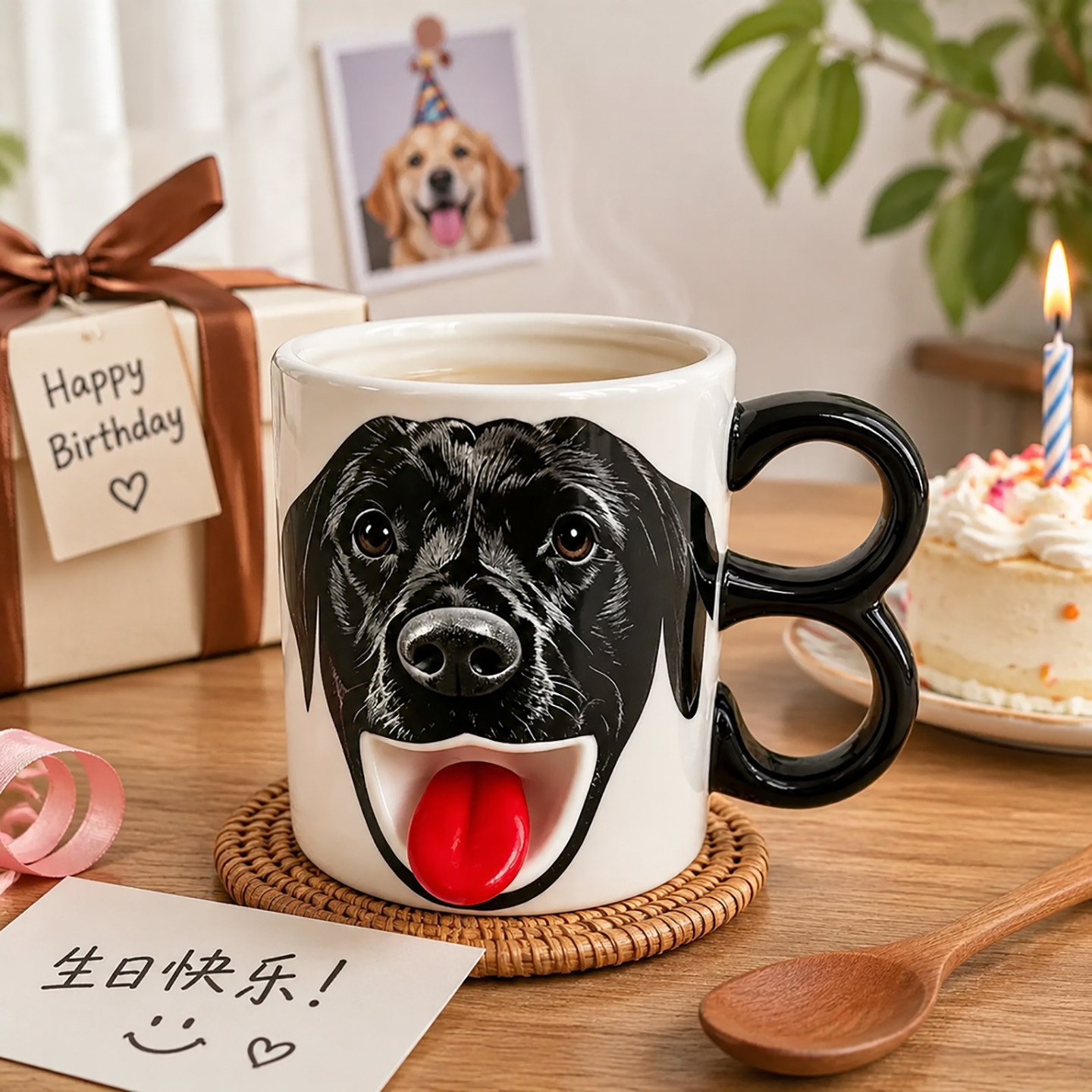 搞怪抽象吐舌狗狗陶瓷杯教师节