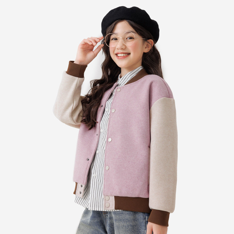 纯一良品童装女童外套女孩秋季新款中大童复古时尚亲肤毛呢棒球服