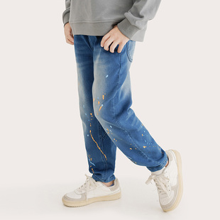 纯一良品春装男童复古泼墨水洗牛仔裤 小学生休闲长裤薄松紧腰