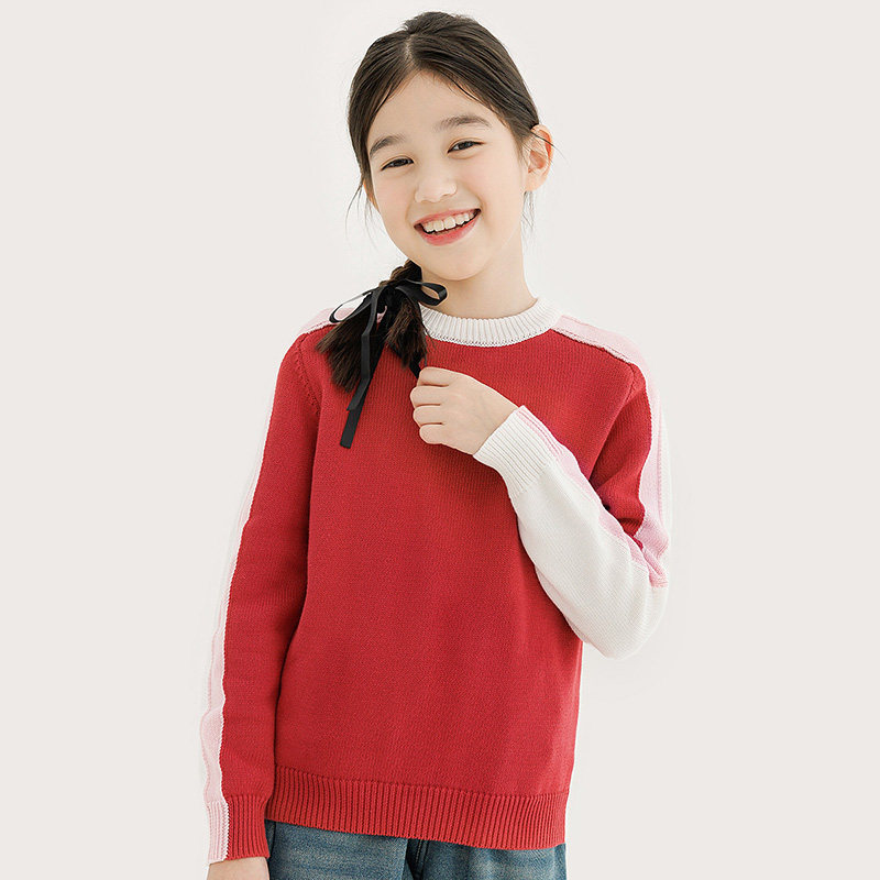 【全棉】纯一良品女童圆领打底毛衣红色 小孩撞色针织衫110-160码