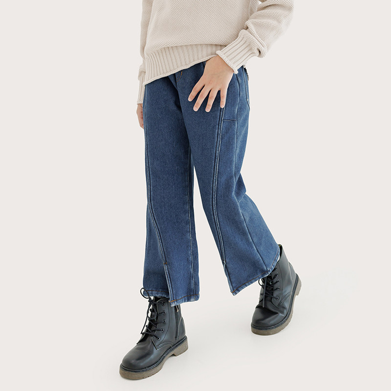 纯一良品童装女童加绒保暖开叉牛仔裤8岁 小孩微喇叭九分裤青少年