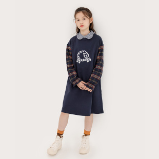纯一良品童装女童长袖针织连衣裙韩版 中学生撞色格子衬衣袖裙子