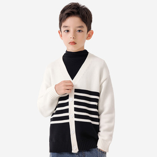 【全棉】纯一良品男童V领白色针织开衫春秋 中大童学院风毛衣外套