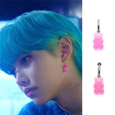 StrayKids组合Felix李龙馥同款粉色小熊耳环男女可爱渐变耳夹钉坠