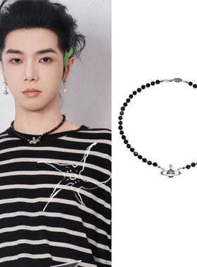 华晨宇同款黑珠土星项链复古小众