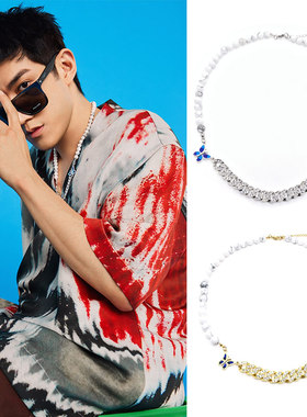 李治廷同款天然锆石金银钻双蝴蝶拼接项链2021新款情侣百搭毛衣链