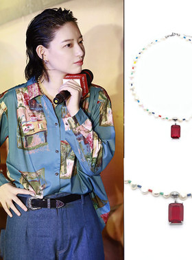 李斯丹妮小红书同款彩色不规则珍珠项链红钻吊坠男女嘻哈锁骨链潮