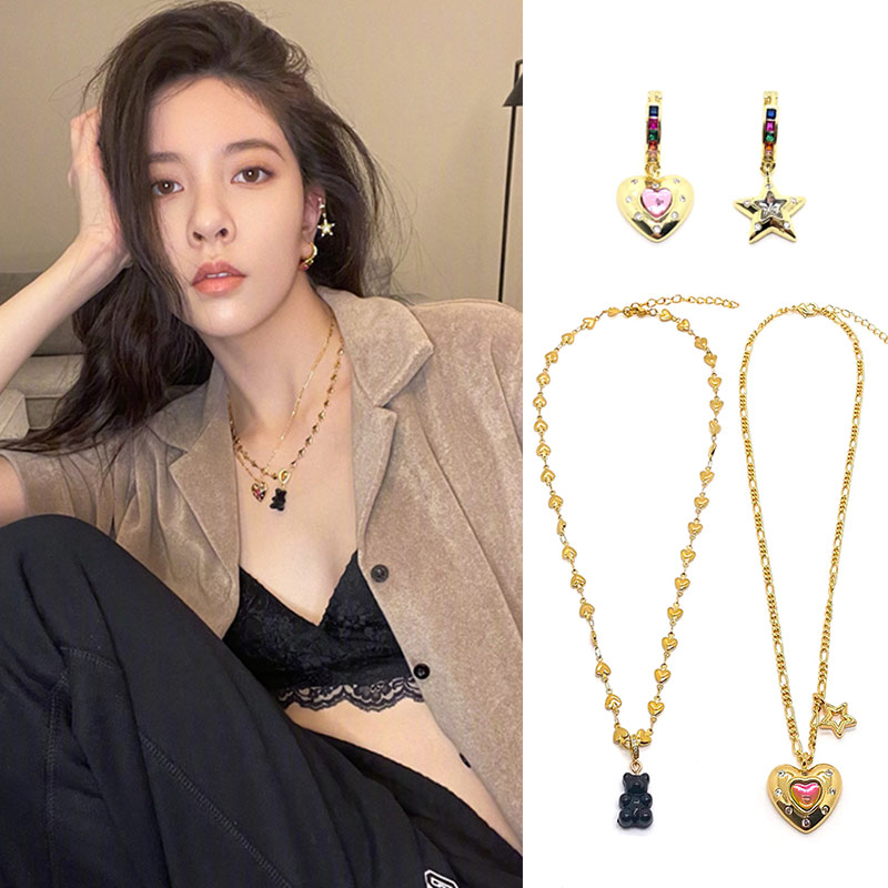 CC宋妍霏同款软糖小熊星星爱心吊坠项链彩钻耳环套装情侣日韩潮流
