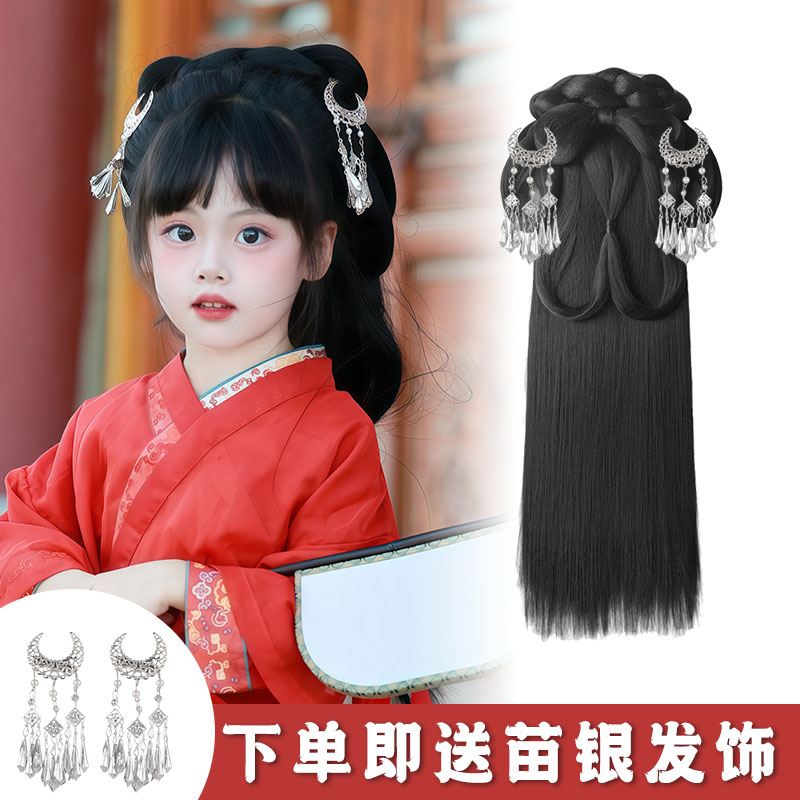 儿童战国袍假发一体式懒人发髻古装日常盘发造型古风女童汉服头饰
