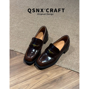 牛皮版~棕色复古乐福鞋女2025新款复古圆头单鞋厚底英伦风小皮鞋