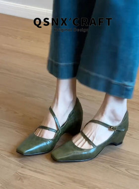 真皮版~复古方头玛丽珍鞋女2026夏绿色一字带内增高百搭浅口单鞋