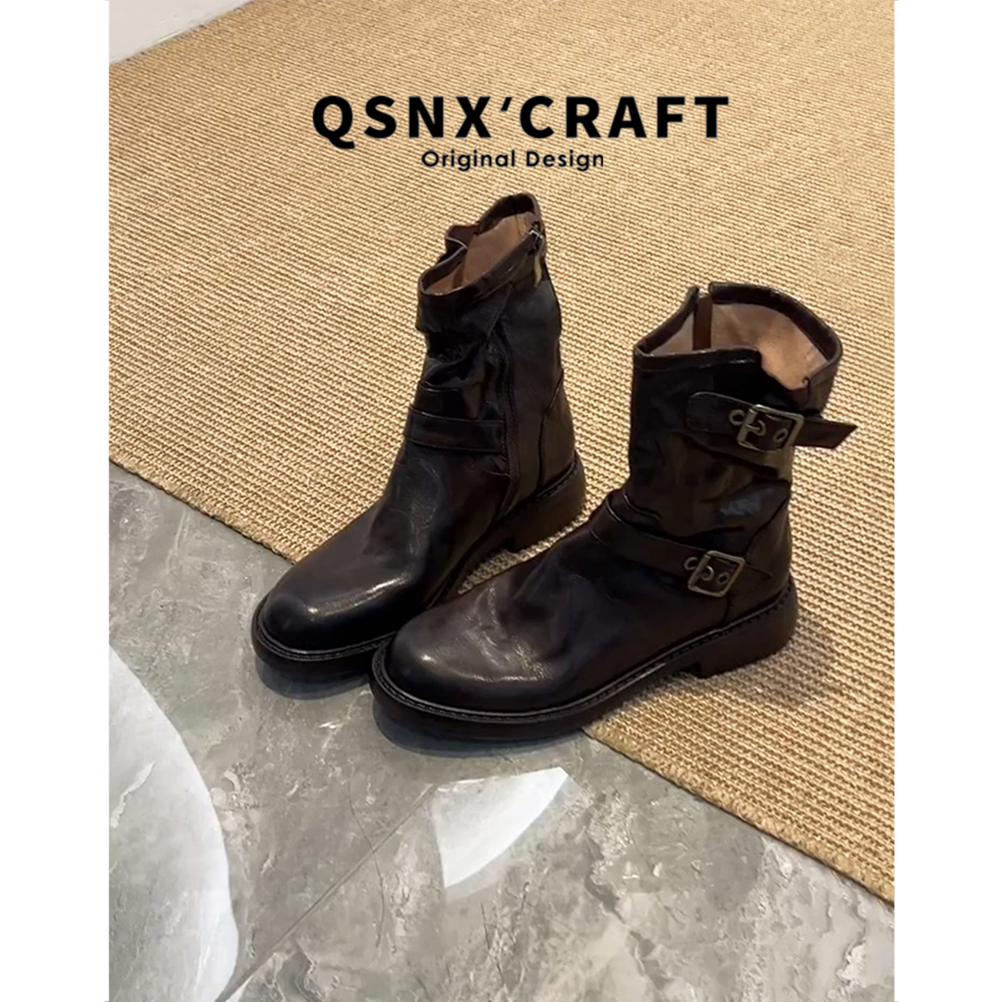 牛皮版~韩版复古机车靴女2025新款圆头显瘦搭扣靴子百搭棕色短靴