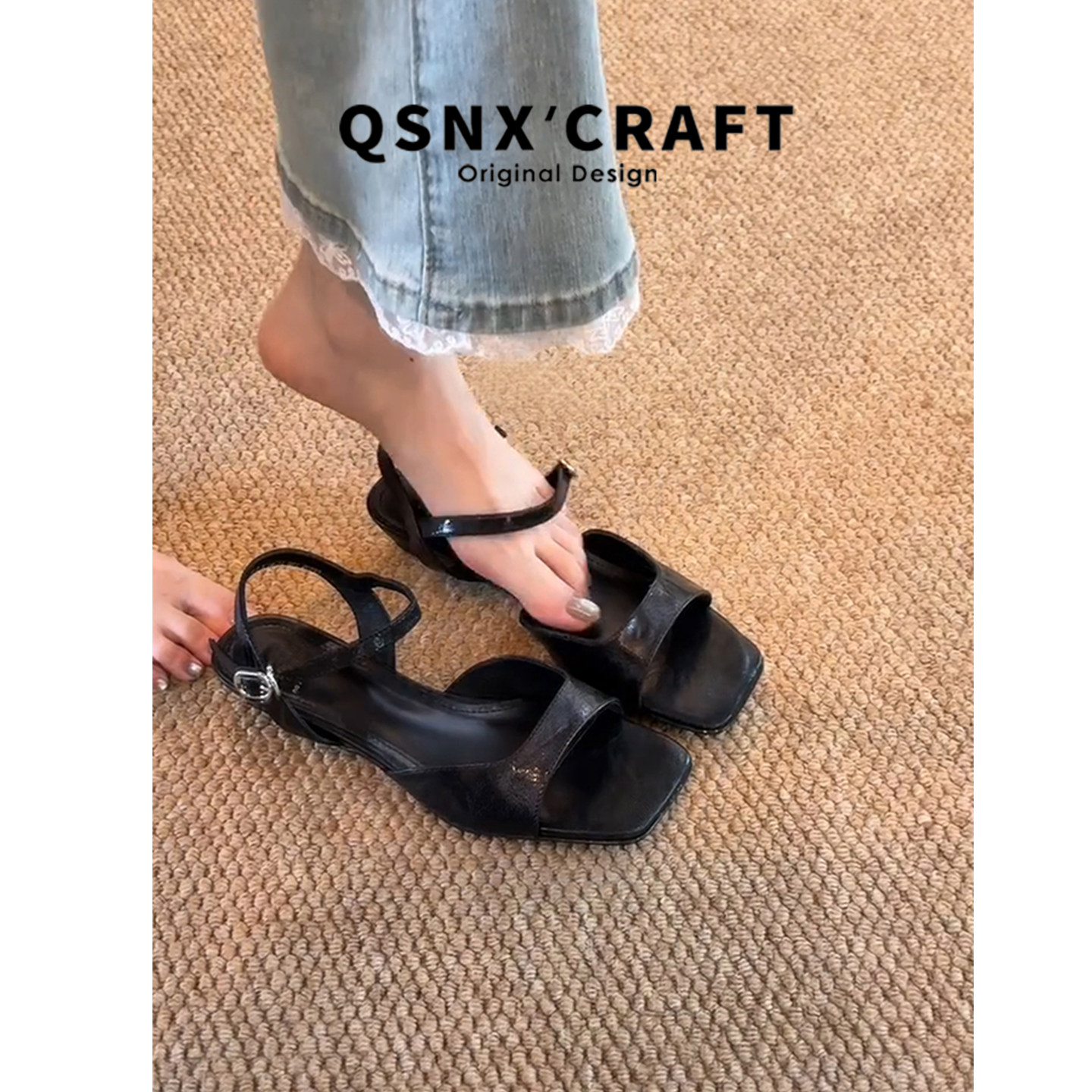 复古一字带凉鞋女百搭通勤鞋子图片