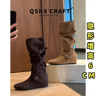 羊皮版~内增高靴子女美拉德中筒靴卡其色小个子麂皮褶皱堆堆长靴