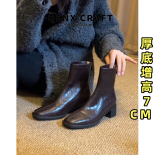 牛皮版~方头粗跟靴子女2025秋冬新款厚底弹力瘦瘦靴增高棕色短靴