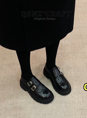 牛皮版~英伦风布洛克乐福鞋女2025新款黑色皮带扣厚底粗跟小皮鞋