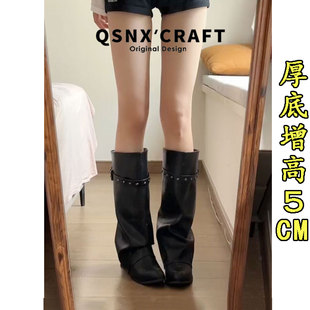 真皮版~黑色小众铆钉不过膝长靴女2026秋冬大筒围裤管靴辣妹靴子