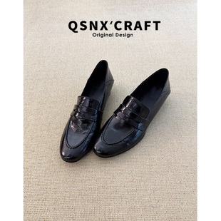 黑色平底浅口懒人小皮鞋 女2026新款 复古英伦一脚蹬乐福鞋 牛皮版