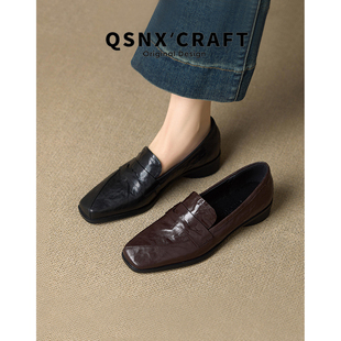 黑色真皮一脚蹬通勤低跟单鞋 女2026新款 英伦风方头乐福鞋 牛皮版