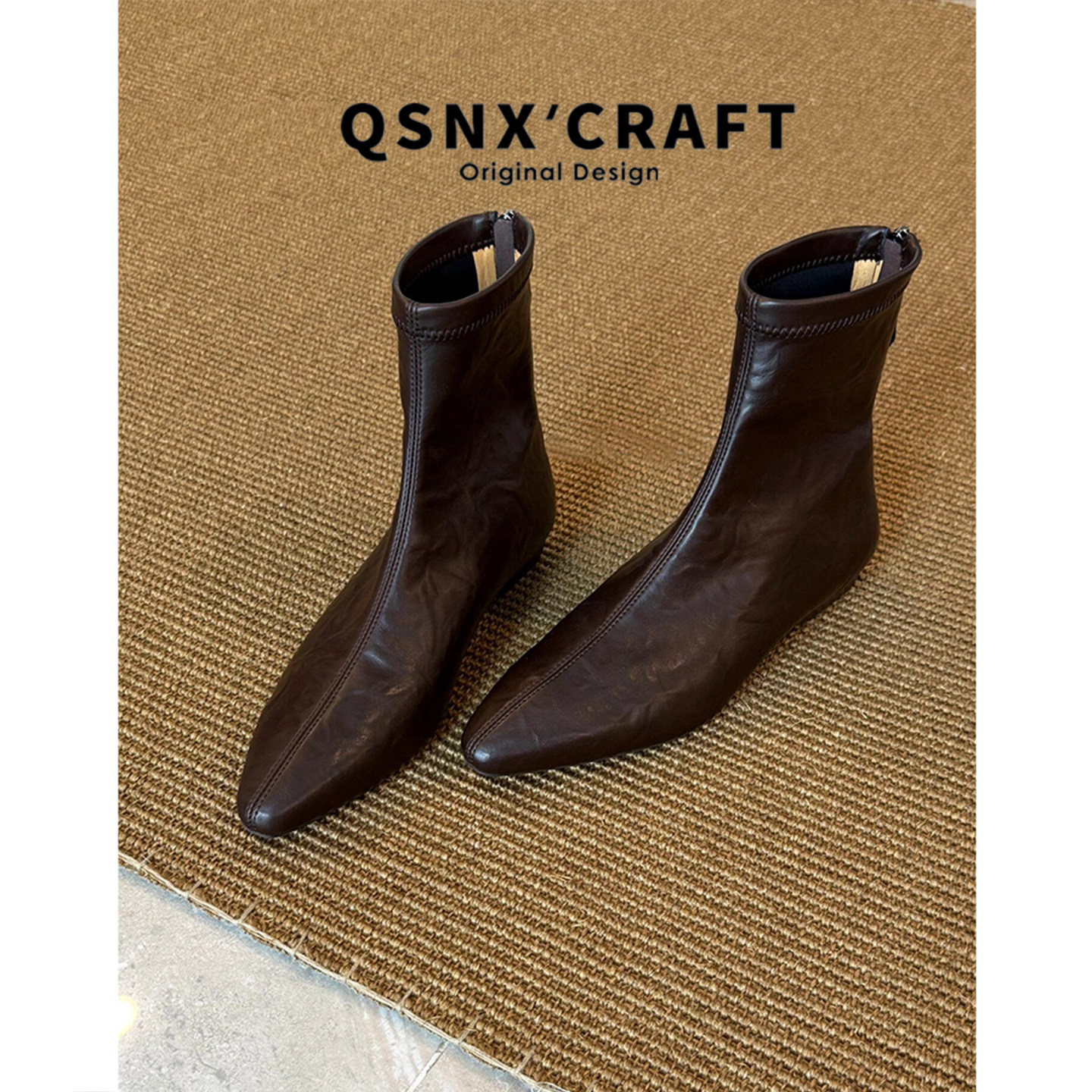 牛皮版~法式风尖头短靴女2025新款冬季深棕色低跟百搭显瘦瘦瘦靴,女鞋,时装靴,淘宝优惠券,粉丝福利购,淘宝优惠卷