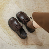 真皮厚底小皮鞋 系带百搭超火棕色乐福鞋 女2025新款 系带英伦风单鞋