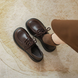 真皮厚底小皮鞋女2025新款系带英伦风单鞋系带百搭超火棕色乐福鞋