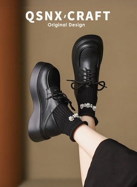 软牛皮厚底乐福鞋女2024春秋季新款jk单鞋子黑色系带英伦风小皮鞋