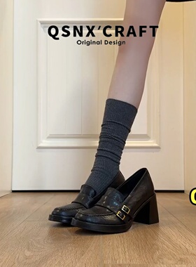 羊皮版~厚底增高乐福鞋女2025新款黑色通勤高跟单鞋英伦风小皮鞋