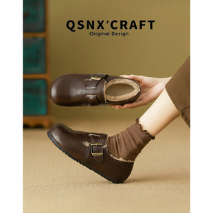 加绒皮面勃肯鞋 毛绒小皮鞋 女2025冬季 皮带扣毛毛单鞋 新款 兔毛版